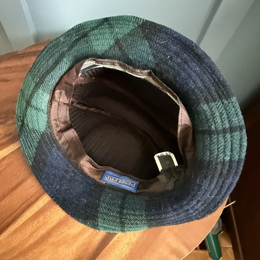 Vintage Pendleton 100% Virgin Wool Fedora Hat XL Blue Green Plaid Tartan USA F/W